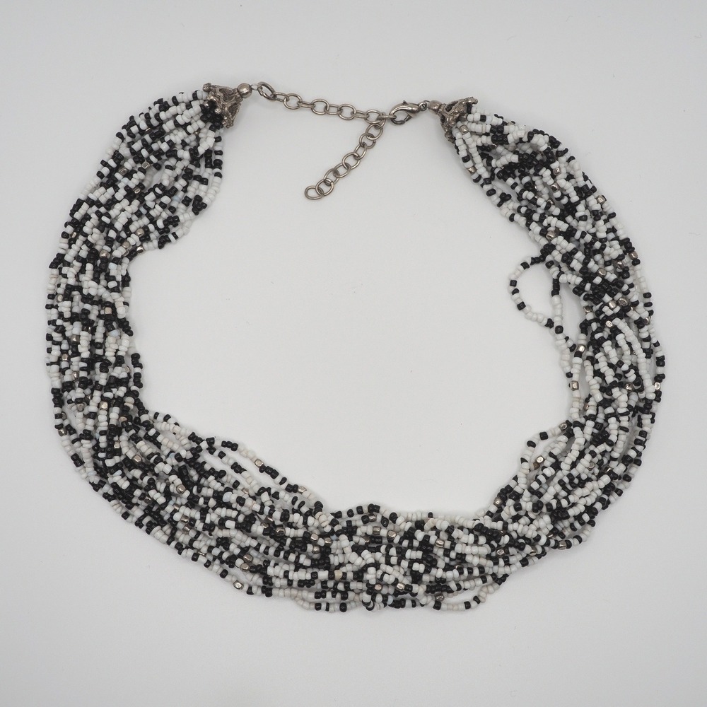 Artisan Multi Strand Necklace Black White Seed Bead Silver Tone Layered Chunky